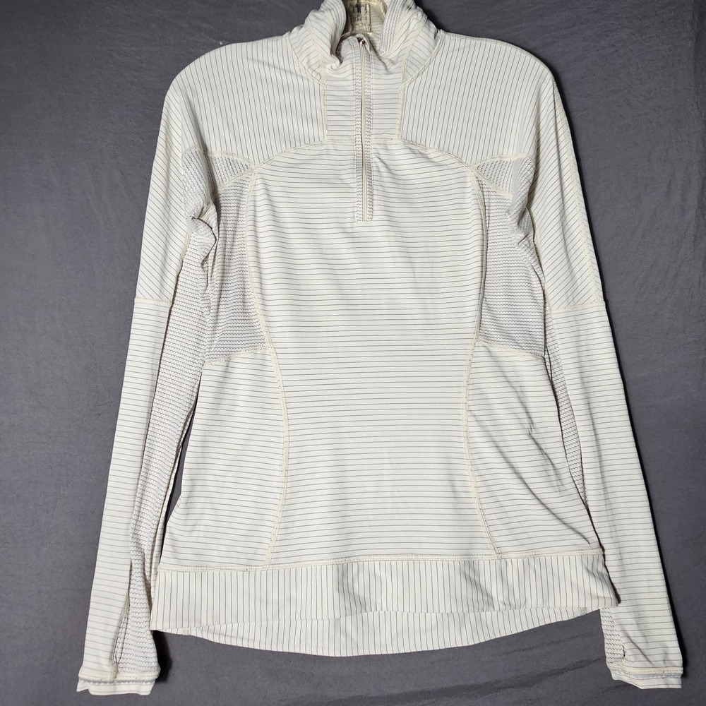 Lululemon Womens Half Zip Pullover Top Off White Beige Grey Stripe Size 6